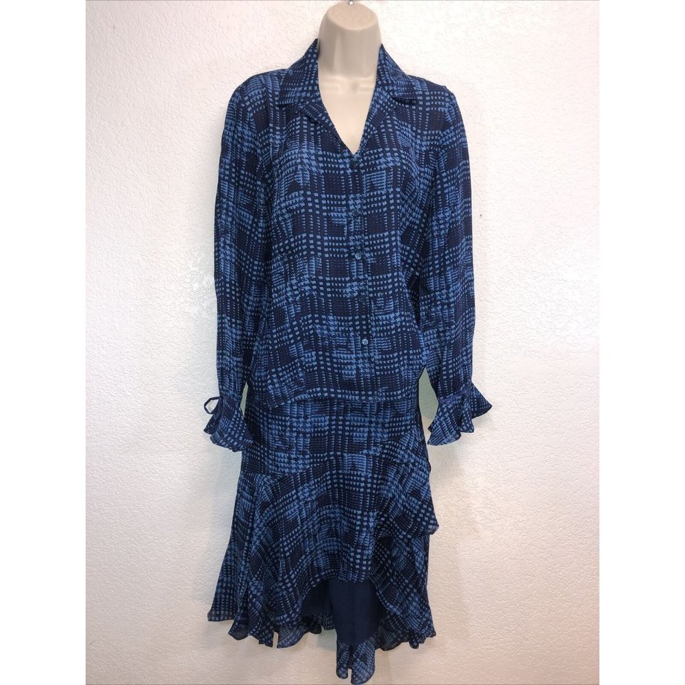 THE LOOK Randolph Duke Skirt Bouse Set 100% Silk Black Blue Sz 10 Ruffled Hem